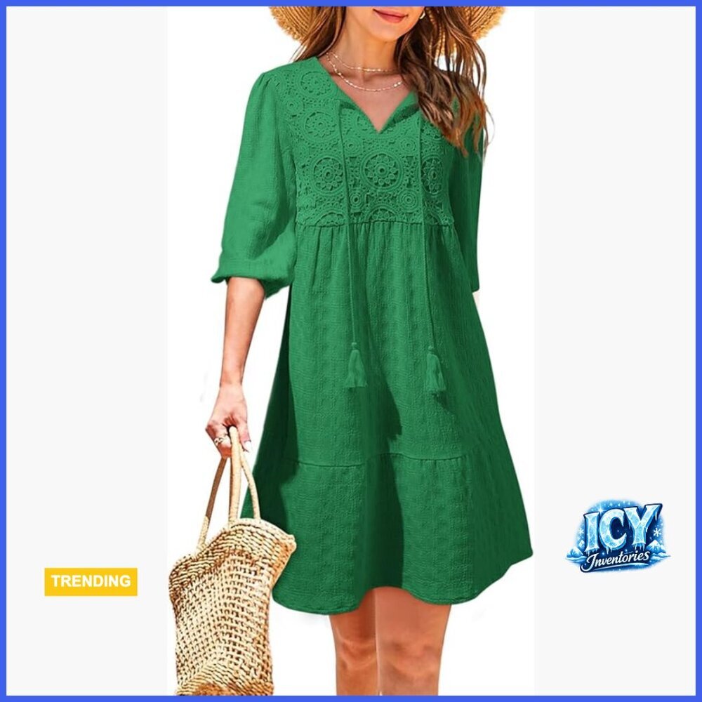 V Neck Embroidered Drawstring Mini Dress Half Sleeve Boho Sundress